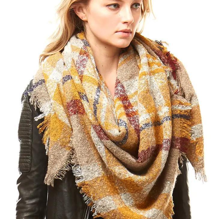 Multi-Colored Plaid Blanket Scarf Wrap | Beige