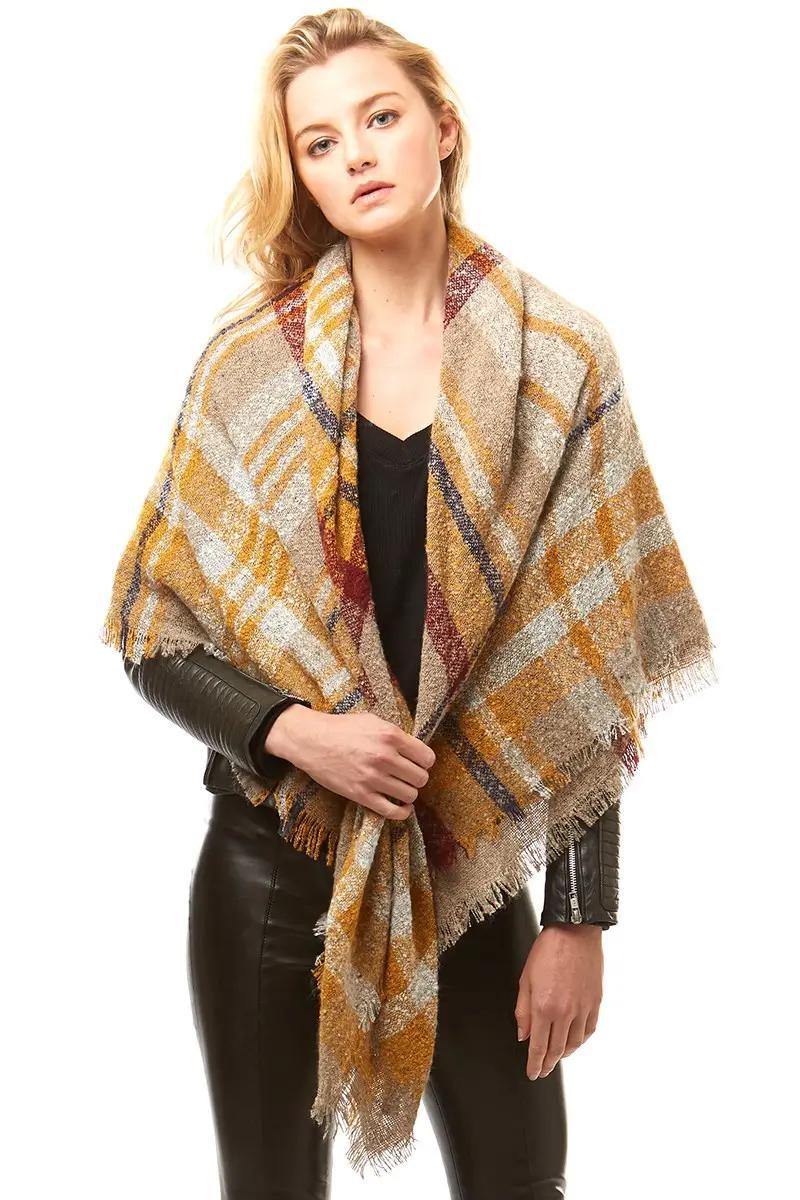 Multi-Colored Plaid Blanket Scarf Wrap | Beige