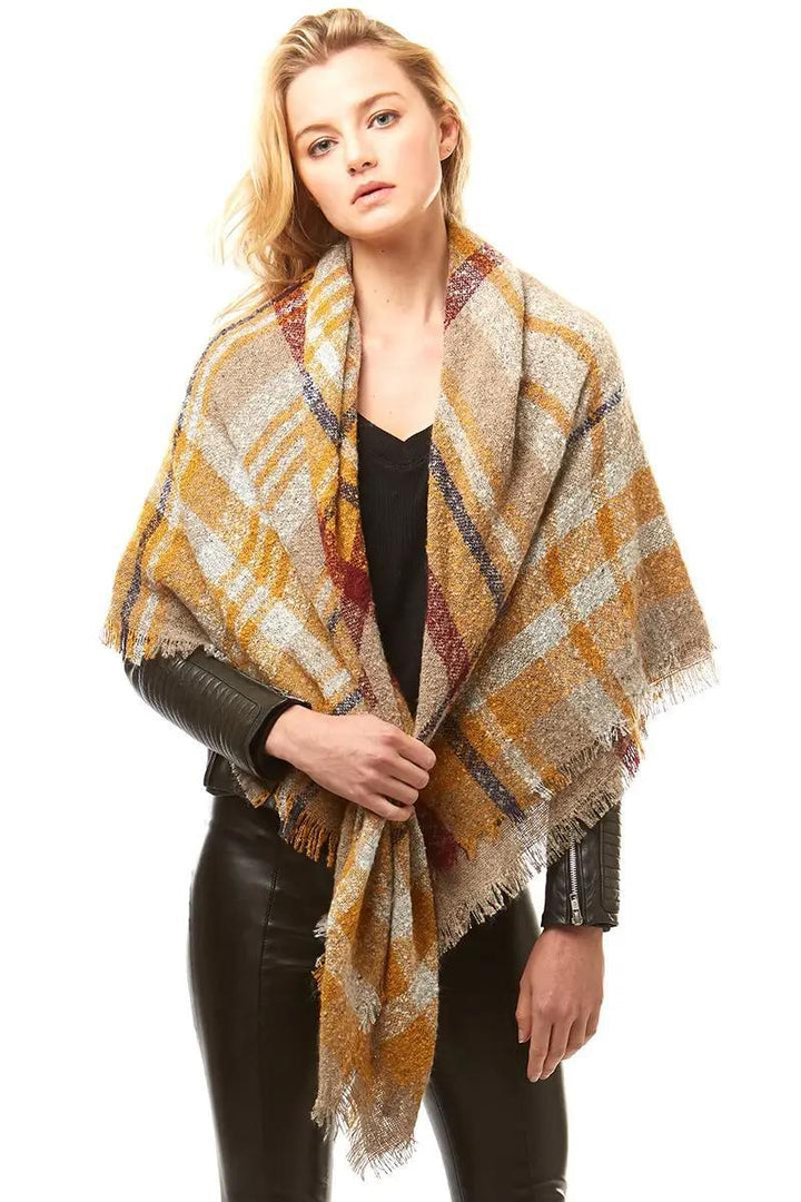 Multi-Colored Plaid Blanket Scarf Wrap | Beige