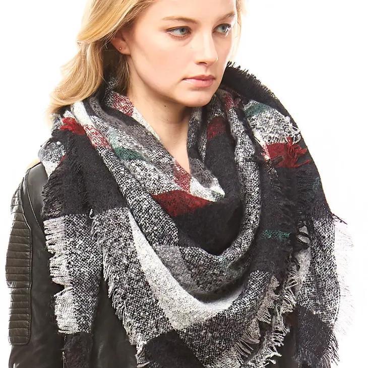 Multi-Colored Plaid Blanket Scarf Wrap | Black