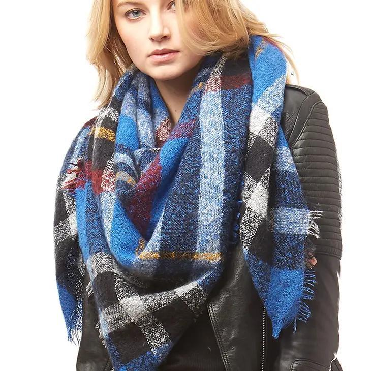 Multi-Colored Plaid Blanket Scarf Wrap | Blue