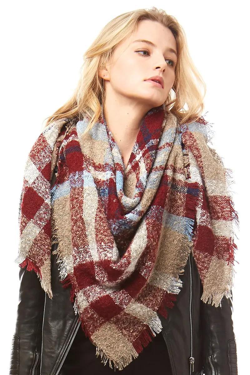 Multi-Colored Plaid Blanket Scarf Wrap | Burgundy