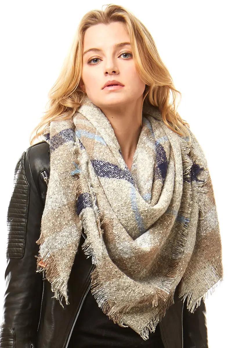 Multi-Colored Plaid Blanket Scarf Wrap | Ivory