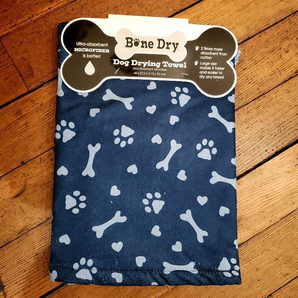Bone Dry Dog Drying Towel Navy Bones, Paws, and Hearts