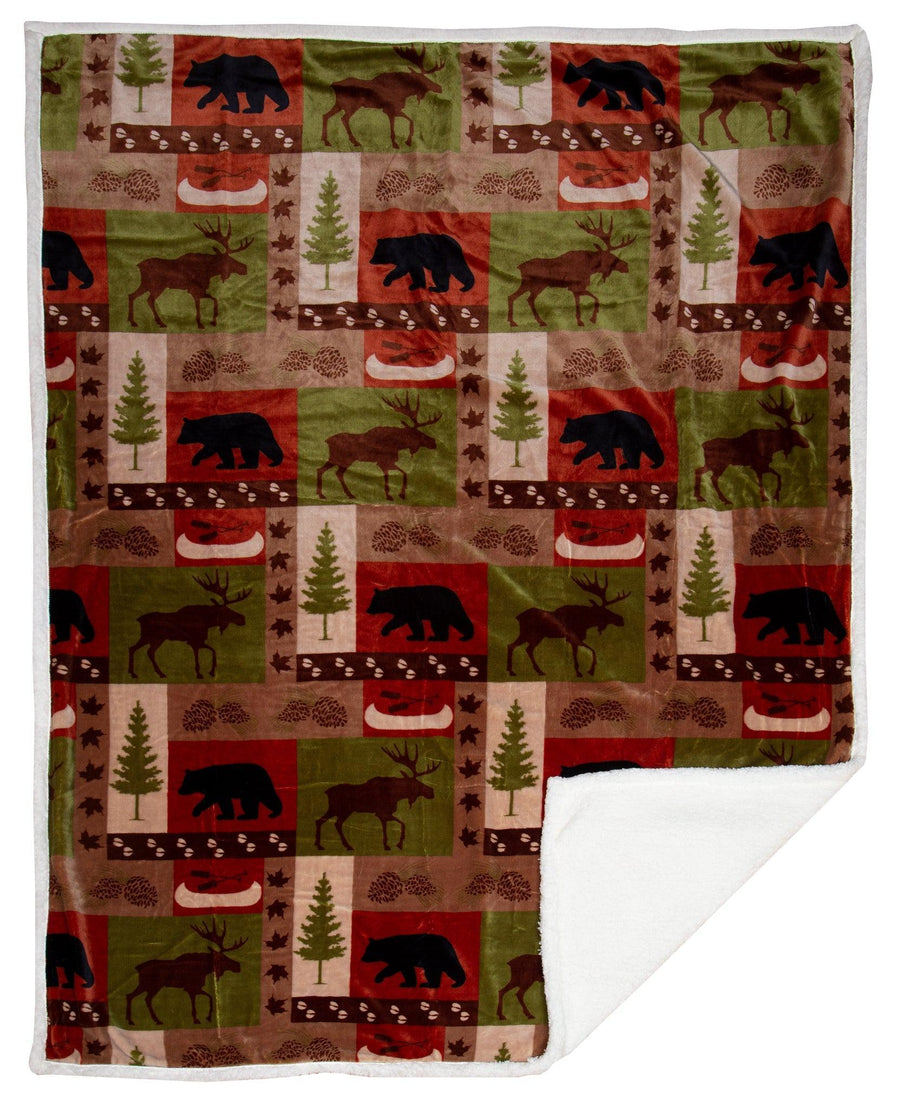 Patchwork Lodge Sherpa Fleece Throw Blanket