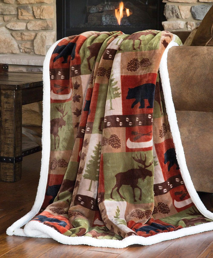 Patchwork Lodge Sherpa Fleece Throw Blanket