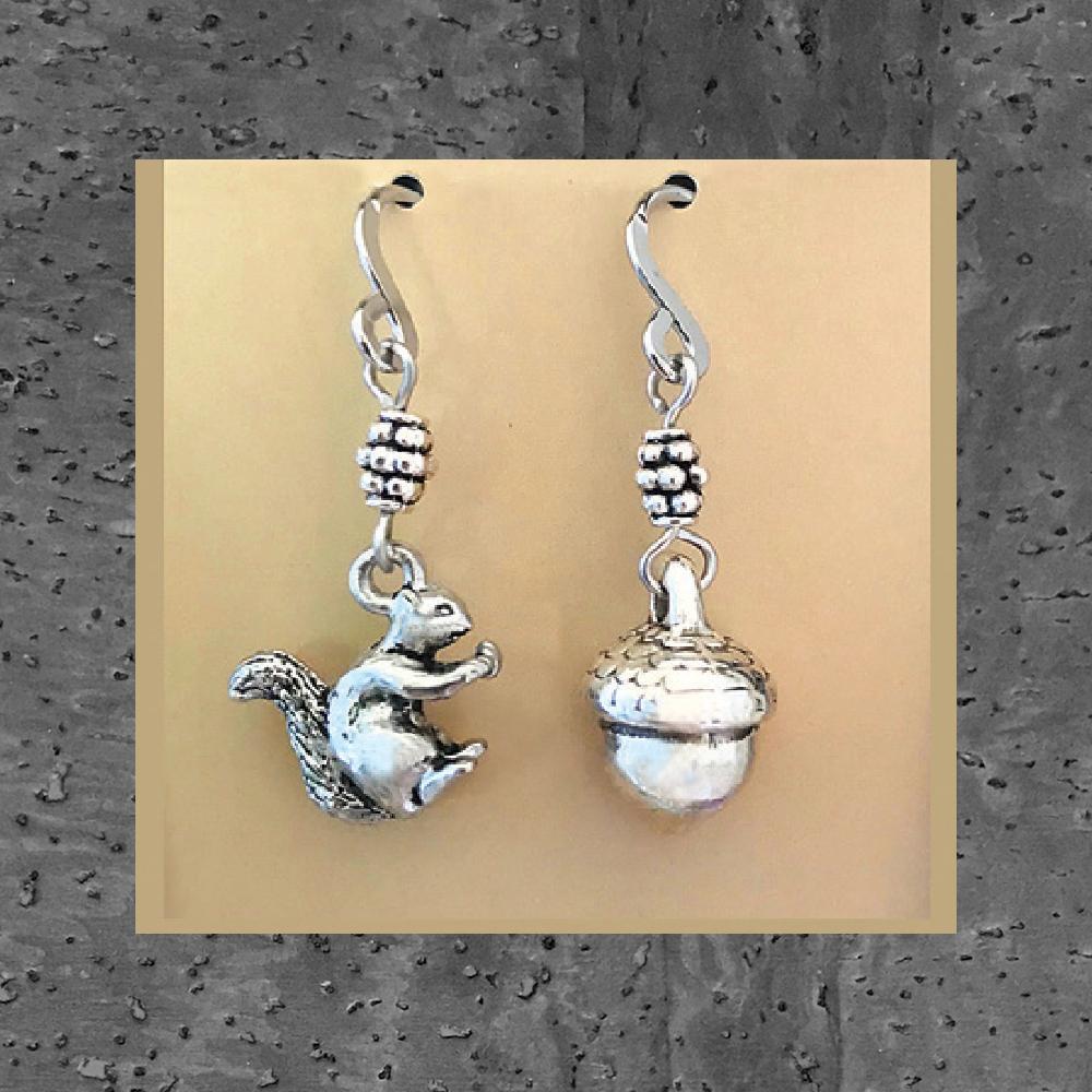 Pewter Squirrel and Acorn Earrings