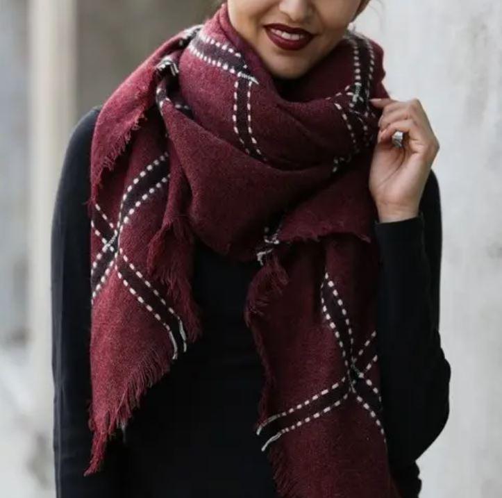 Plaid Frayed Trim Blanket Scarf