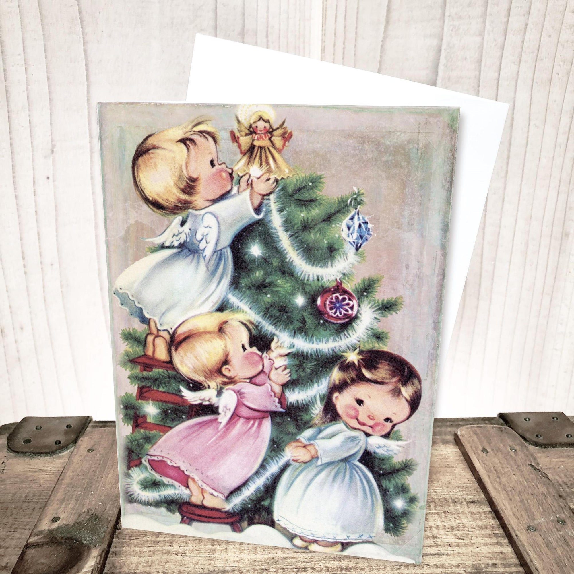 Retro Angels Decorate Tree Christmas Card by Yesterday's Best