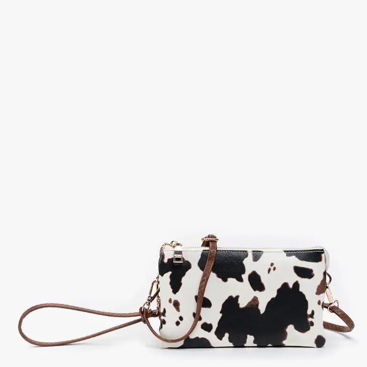 Riley Three Compartment Crossbody Wristlet | Cow Print