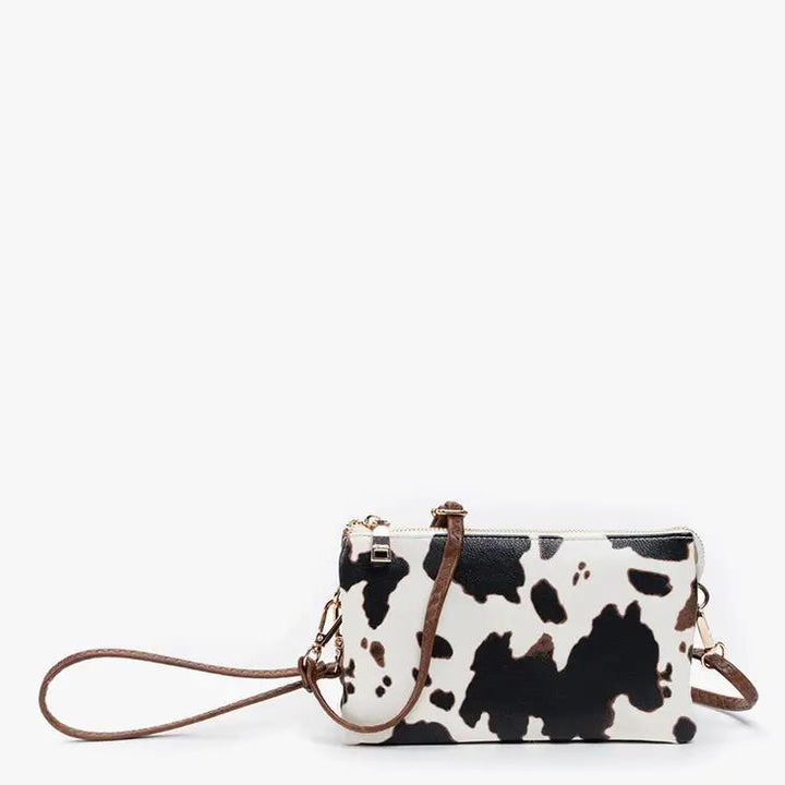 Riley Three Compartment Crossbody Wristlet | Cow Print