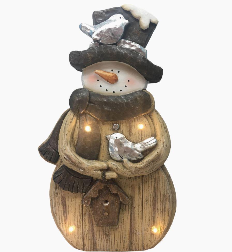 Rustic Snowman and Birds with LED Lights