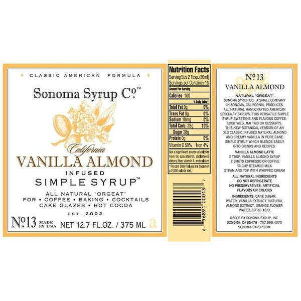 Sonoma Syrup Co. Vanilla Almond (Orgeat) Infused Simple Syrup