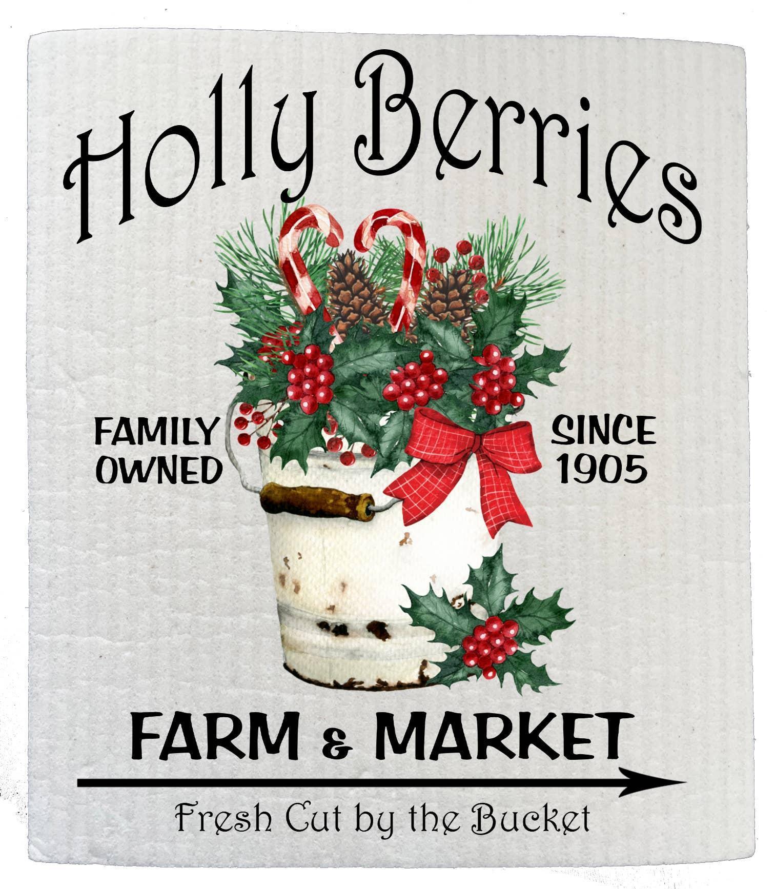 Swedish Sponge Dish Cloth Holly Berries Farm Christmas - Golden
