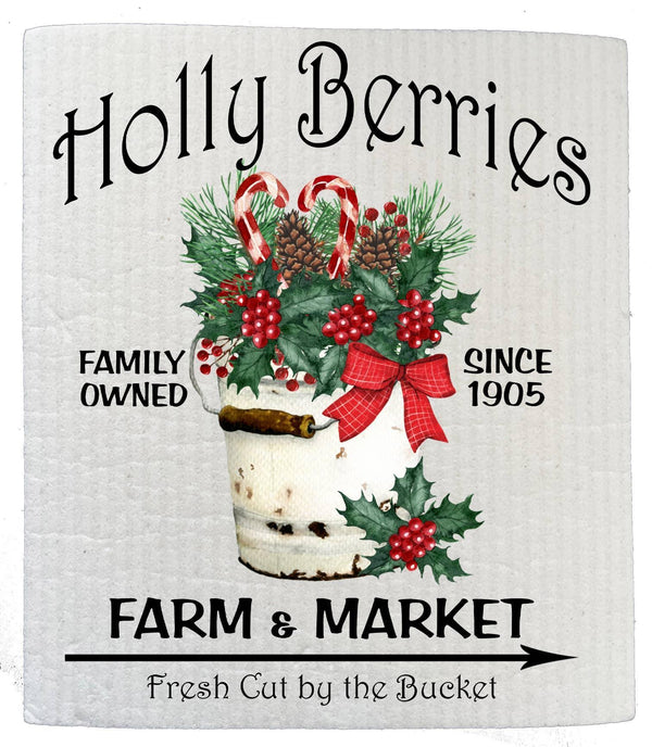 Swedish Sponge Dish Cloth Holly Berries Farm Christmas
