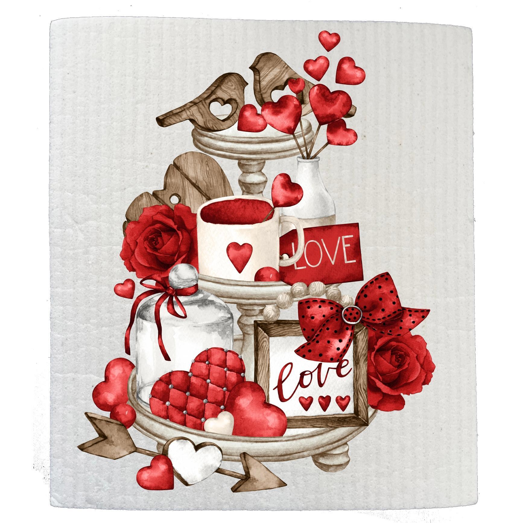 Swedish Sponge Dish Cloth | Valentine Love Red Hearts 3 Tier Tray