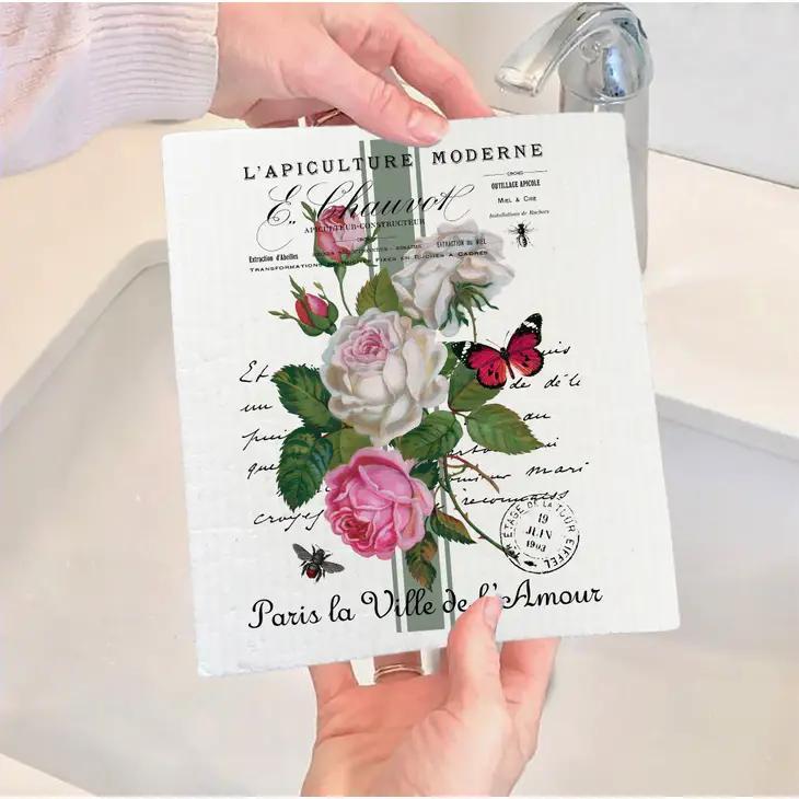 Swedish Sponge Dish Cloth | Vintage French Roses & Butterfly