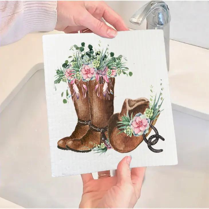 Swedish Sponge Dish Cloth | Western Cowboy Boots & Flowers