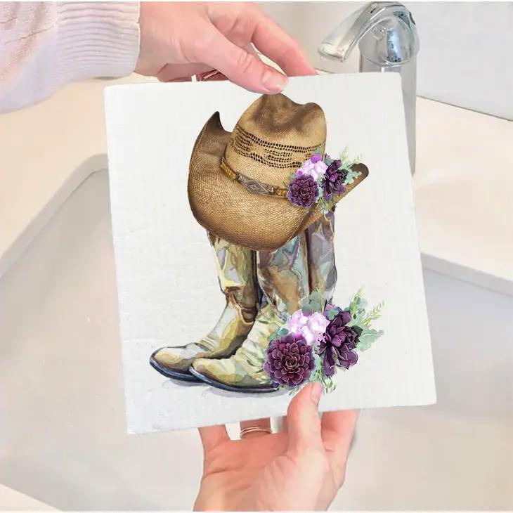 Swedish Sponge Dish Cloth | Western Cowboy Boots & Hat