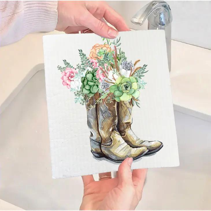 Swedish Sponge Dish Cloth | Western Cowboy Boots & Succulents