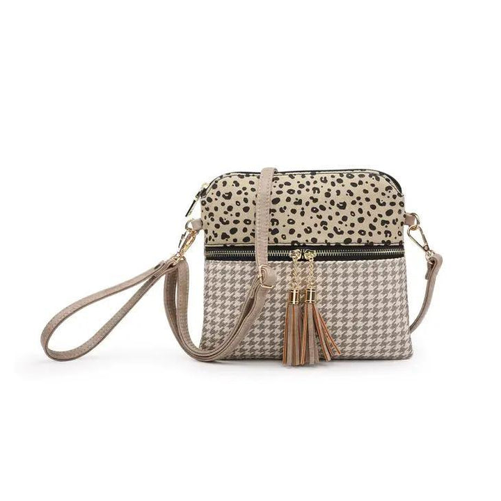 Tara Two-Toned Houndstooth Crossbody Wristlet | Khaki Cheetah