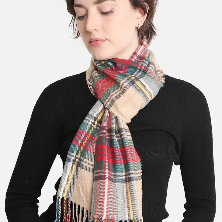 Tartan Pattern Cashmere Feel Oblong Scarf | Beige