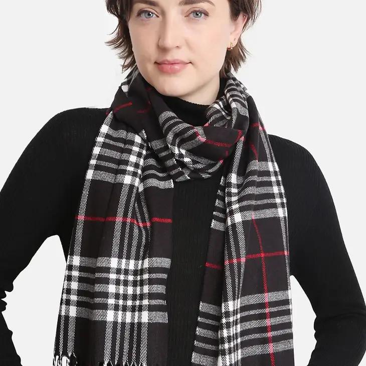 Tartan Pattern Cashmere Feel Oblong Scarf | Black