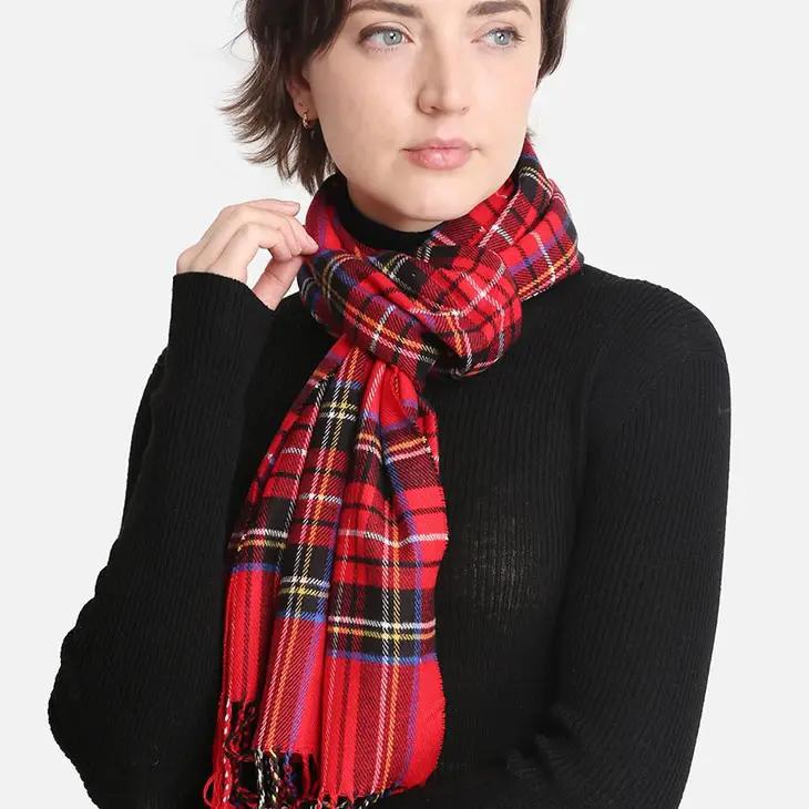 Tartan Pattern Cashmere Feel Oblong Scarf | Red