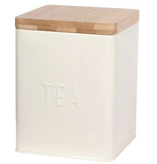 Square Vintage Tin Containers w/ Wooden Lid Tea / Ivory