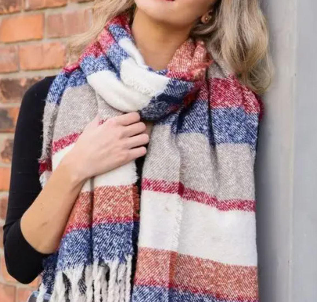 Ultra Soft Oversized Wide Striped Tassel Scarf