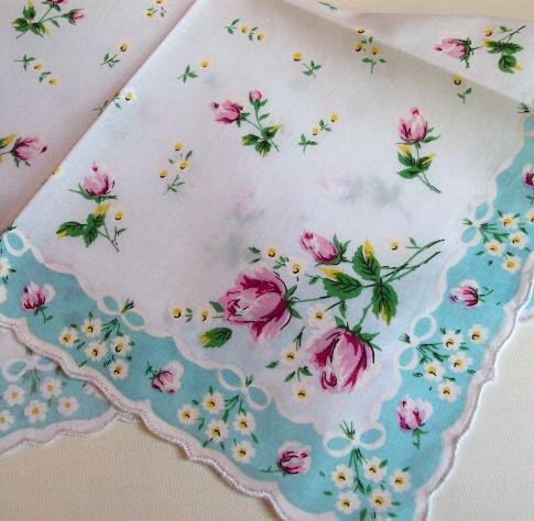 Vintage Inspired Floral Hanky | Aqua Rosebud