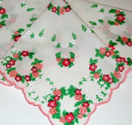 Vintage Inspired Floral Hanky | Pink Floral Wreath