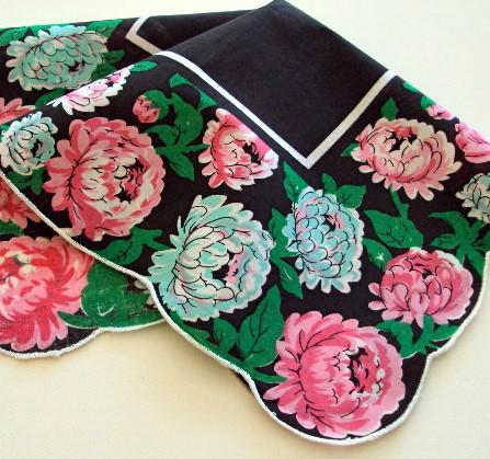 Vintage Inspired Floral Hanky | Sophisticated Black Mum Flowers