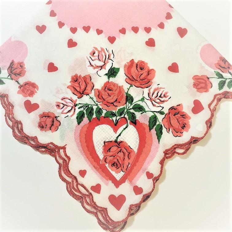 Vintage Inspired Hanky Pink Hearts and Red Roses