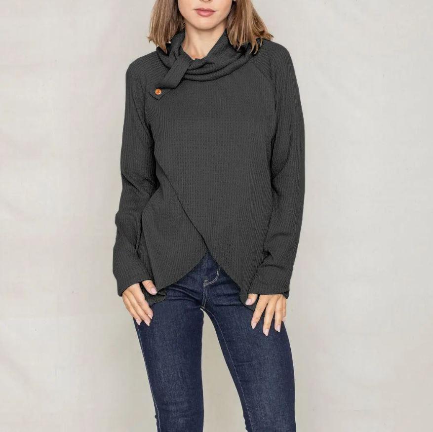 Waffle Knit Tab Turtle Neck Tulip Hem Tunic | Black