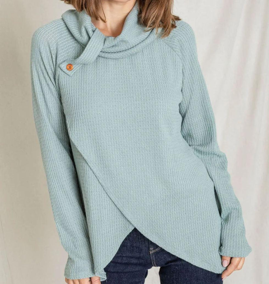 Waffle Knit Tab Turtle Neck Tulip Hem Tunic | Sage