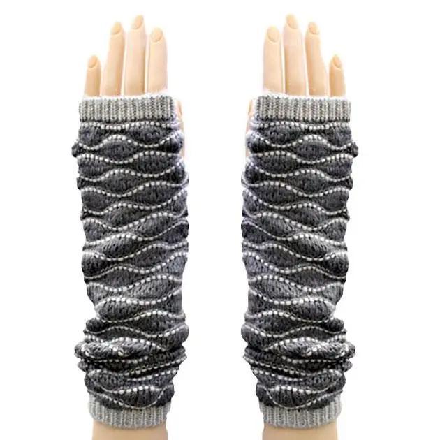 Wave Pattern Knit Fingerless Arm Warmer Gloves | Grey