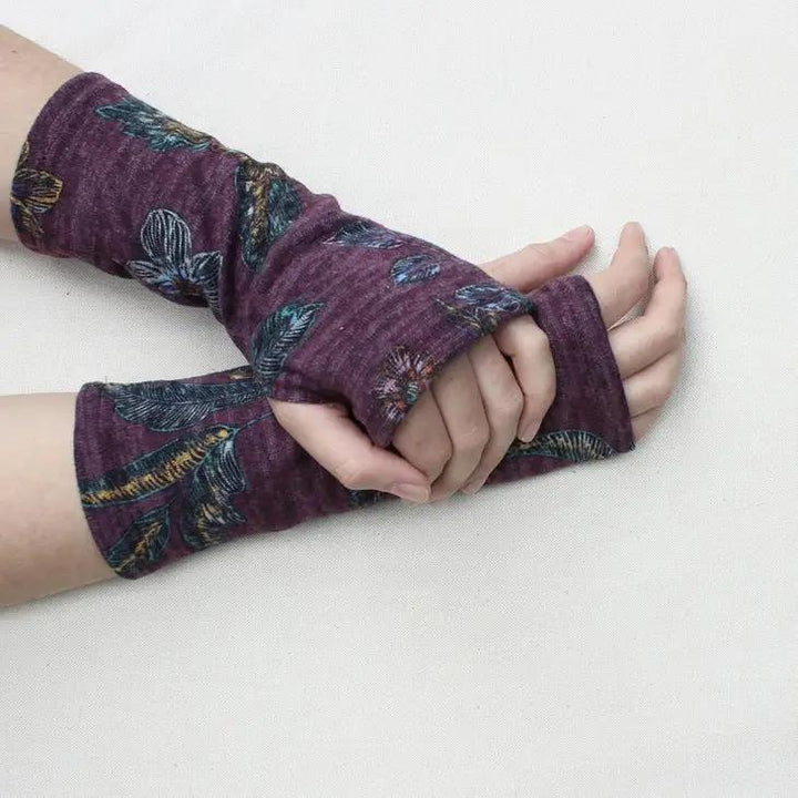 Heather Jersey Fingerless Gloves Wine Floral