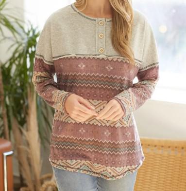 Women's Aztec Buttoned Pullover | Dusty Lavender & Heather Grey