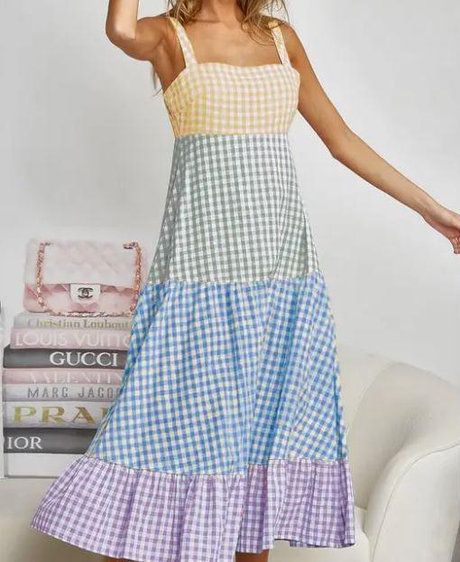 Women's Color Block Tiered Gingham Sun Dress