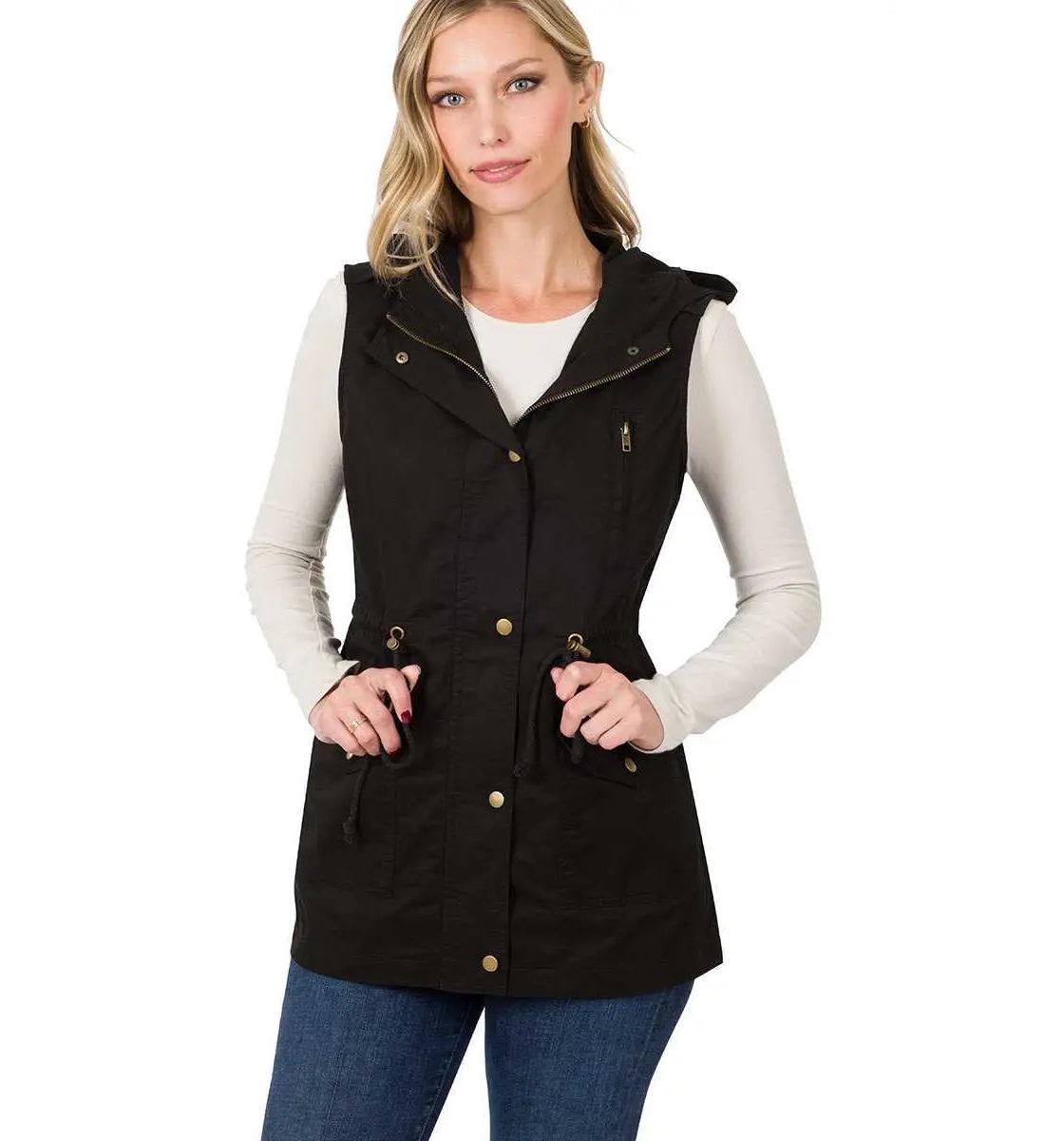 Women's Drawstring Waist Military Hoodie Vest | Black