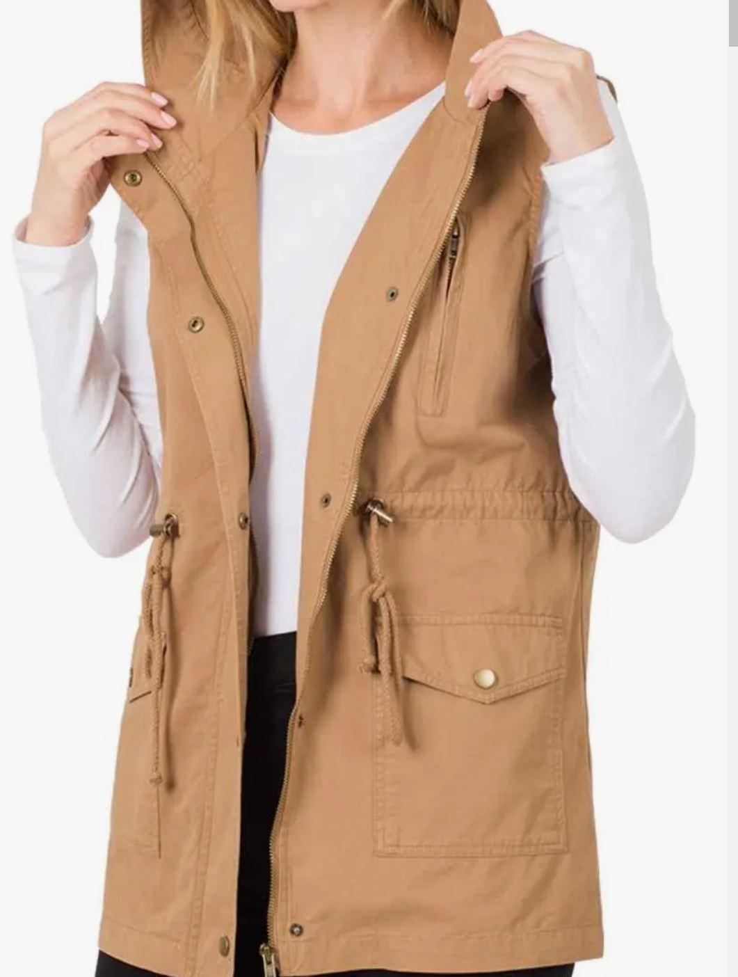 Women's Drawstring Waist Military Hoodie Vest | Deep Camel