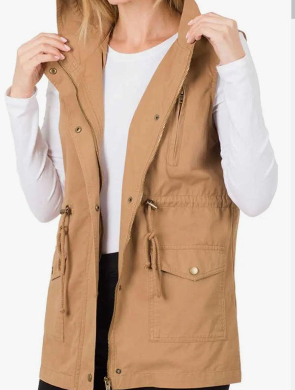 Women's Drawstring Waist Military Hoodie Vest | Deep Camel