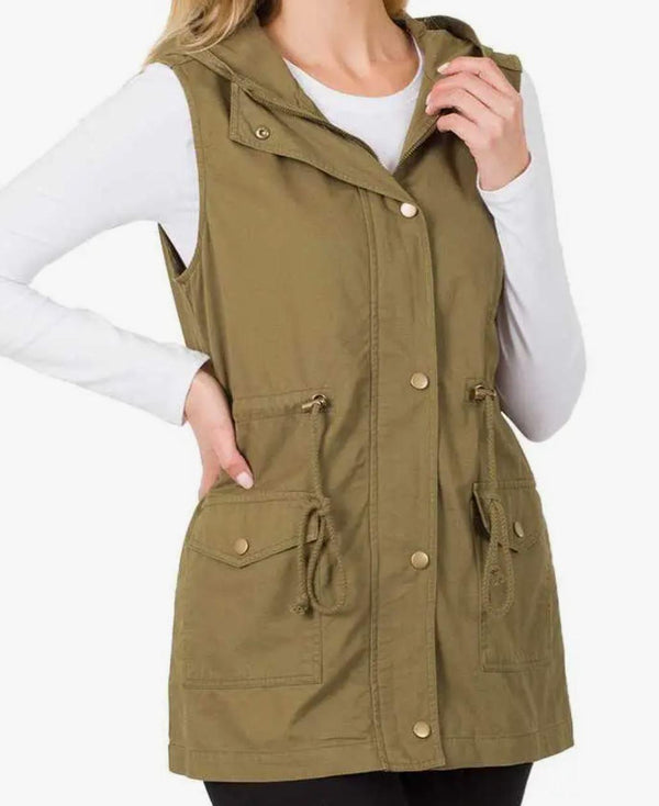 Women's Drawstring Waist Military Hoodie Vest | Dusty Olive