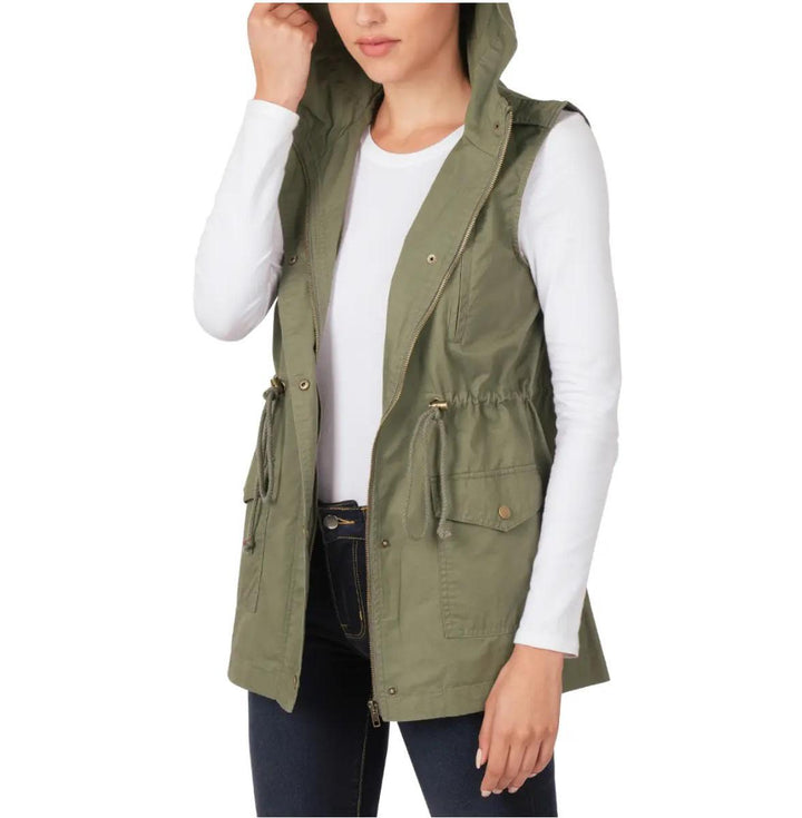 Women's Drawstring Waist Military Hoodie Vest | Light Olive