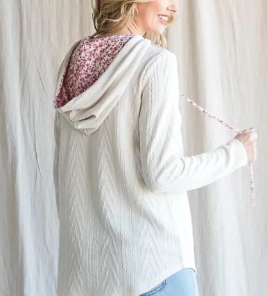 Women's Floral Cable Knit Sweater Hoodie | Cream