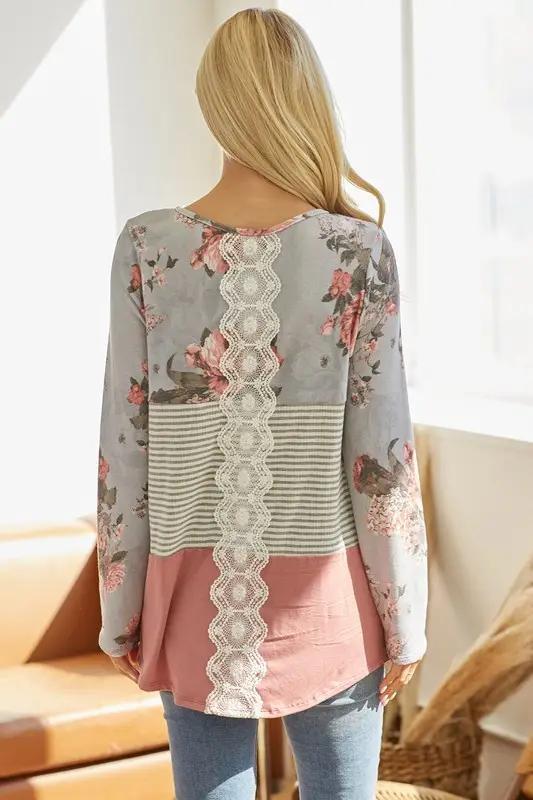 Women's Floral Colorblock Top | Grey