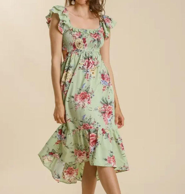 Women's Floral Print Ruffled Sleeve Smocked Front Detail Midi Dress