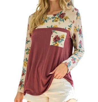 Women's Floral V-Neck Top | Oatmeal & Burgundy