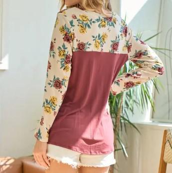 Women's Floral V-Neck Top | Oatmeal & Burgundy